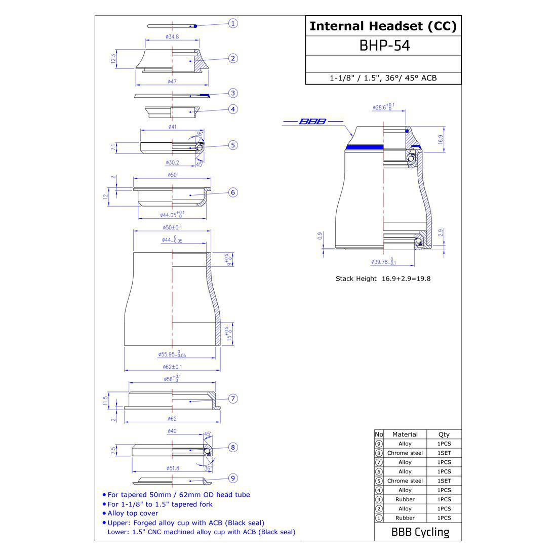 BBB SEMI-INTEGRATED TAPERED Styrlager 1 1/8-1.5 - 41.8-51.8 mm